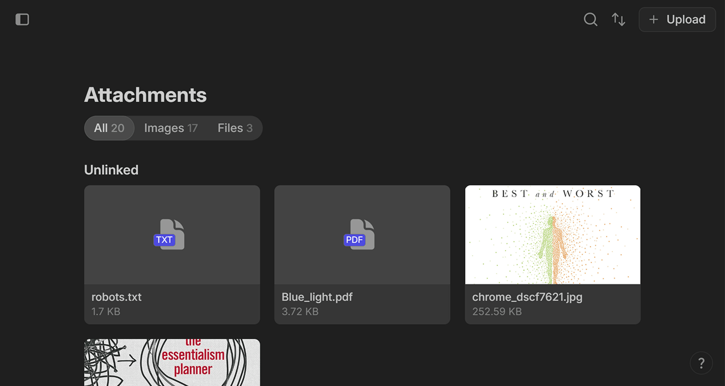 Nover app showing attachments list