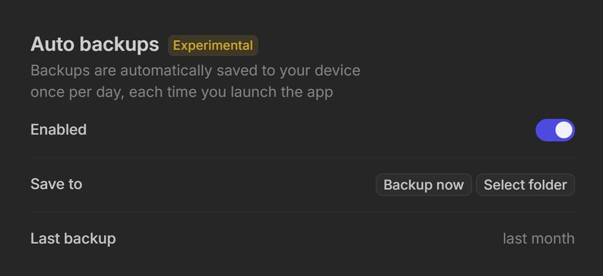 Nover app showing auto backups section