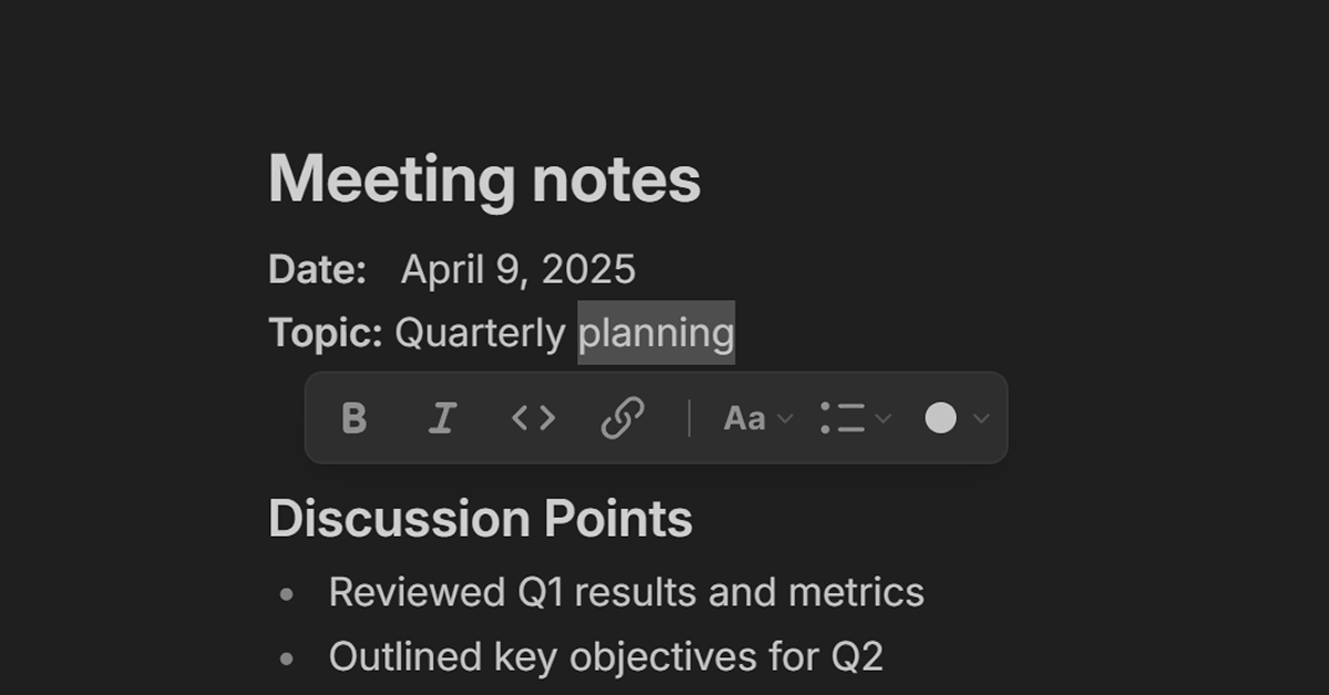 Nover app showing toolbar menu