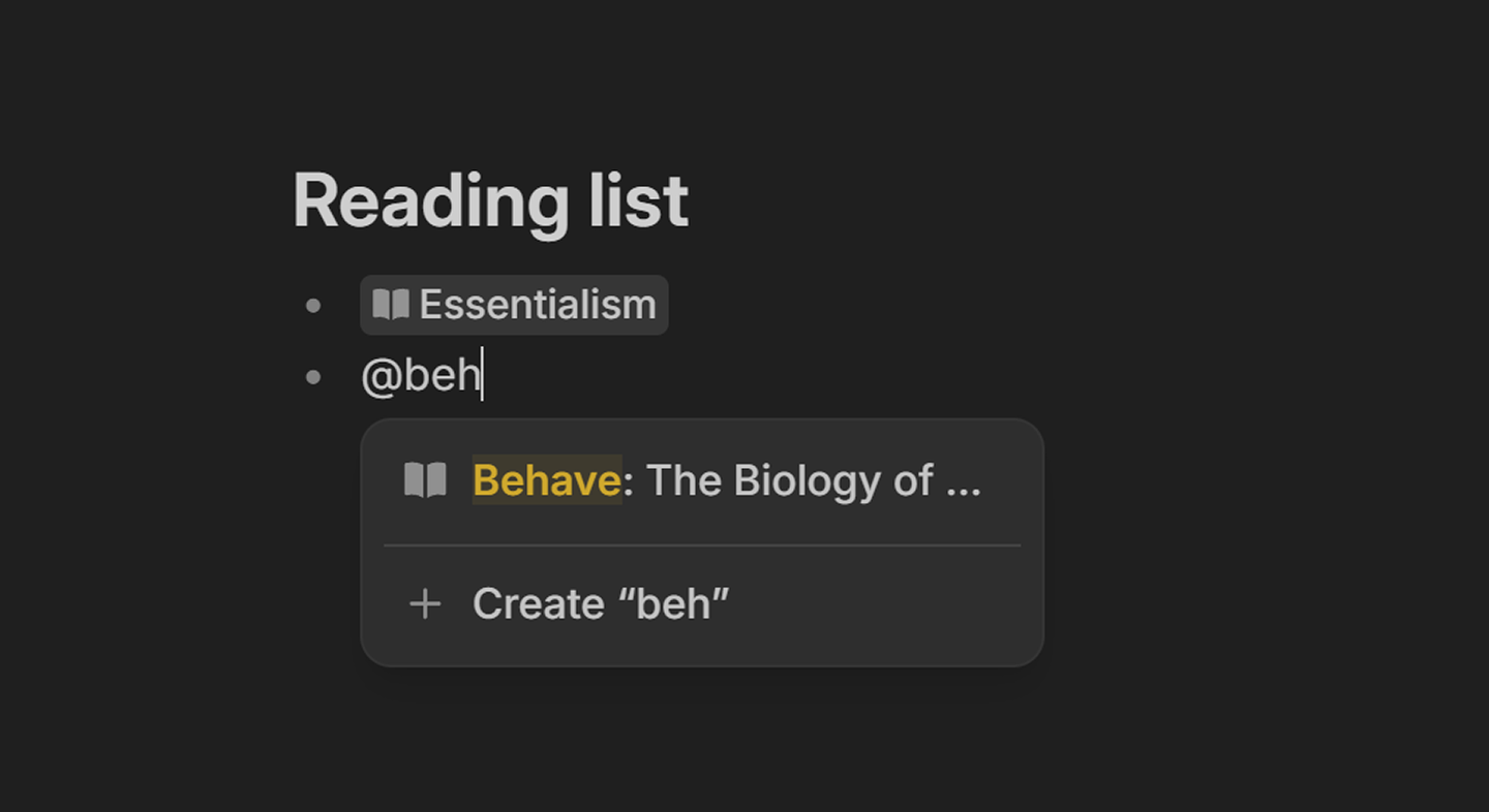 Nover app showing linked notes menu