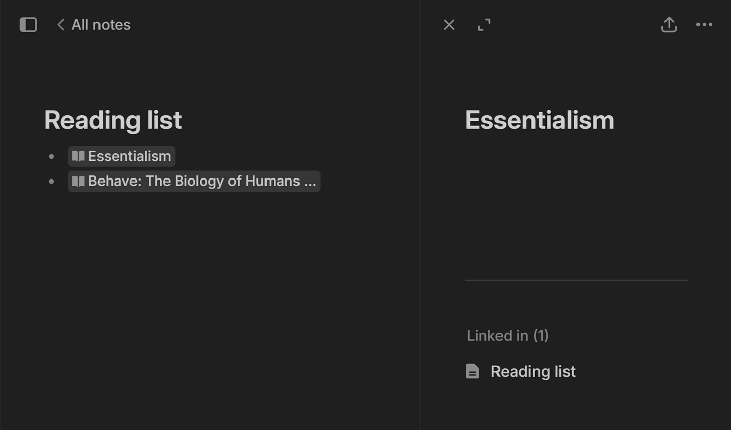 Nover app showing side panel